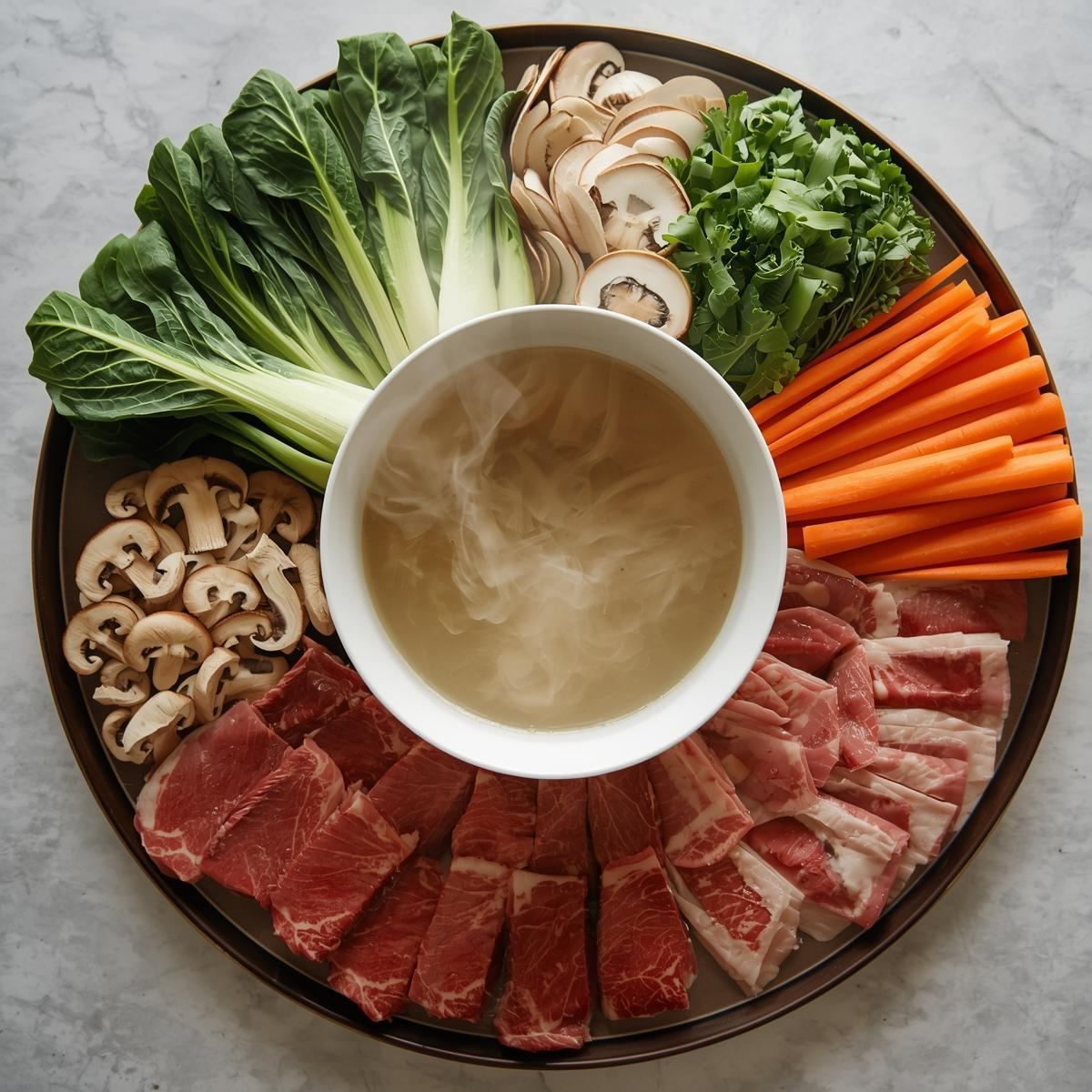 Balanced shabu-shabu bowl with cooked meat, vegetables, and rice