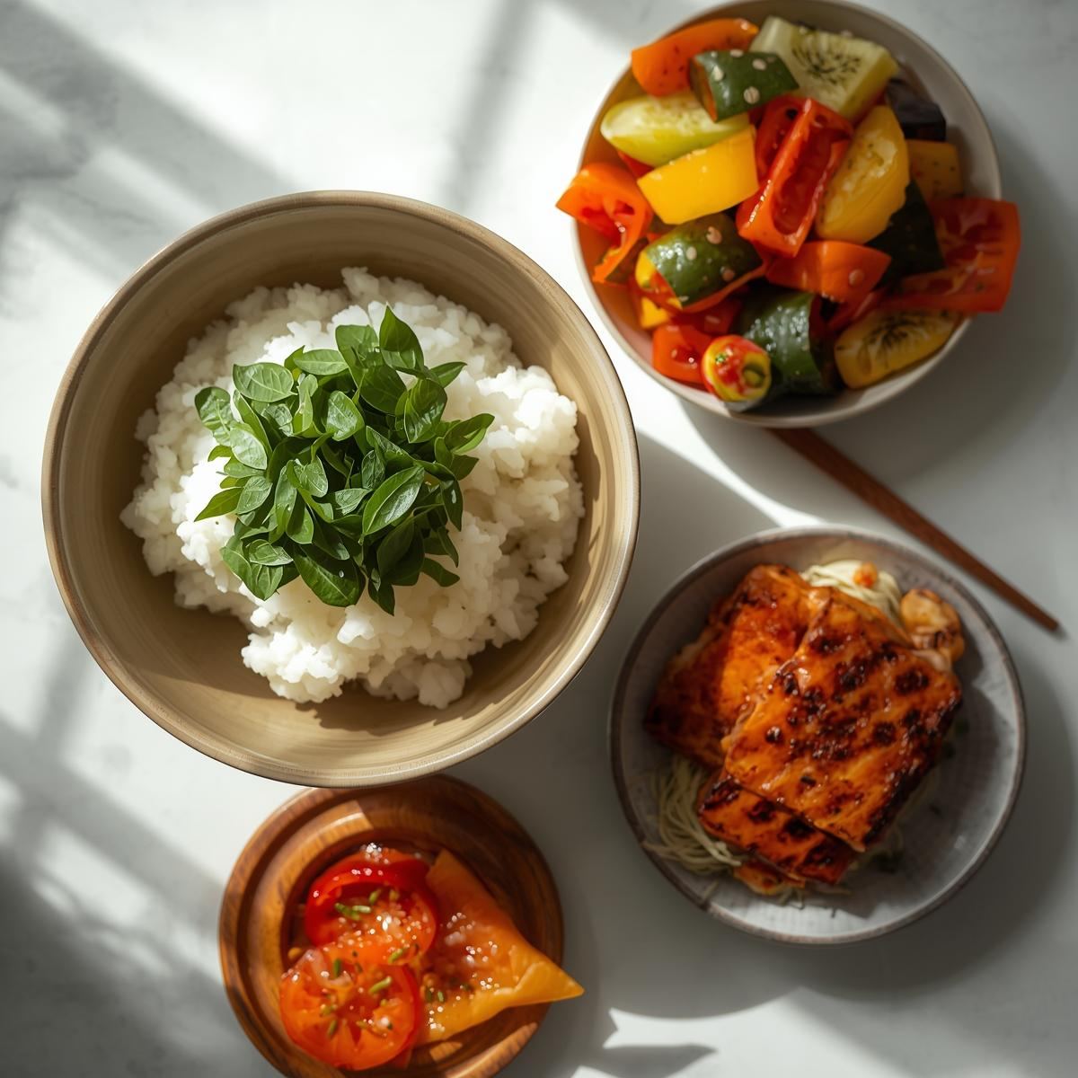 Rice bowl with chopped shiso leaves and vegetables