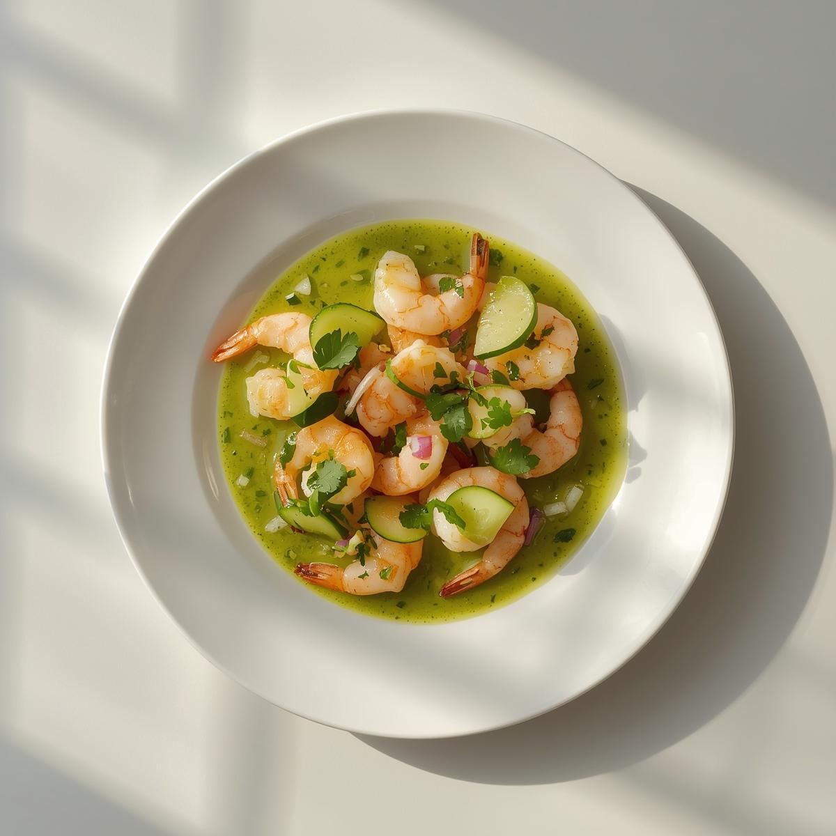 Cooked shrimp aguachile being served