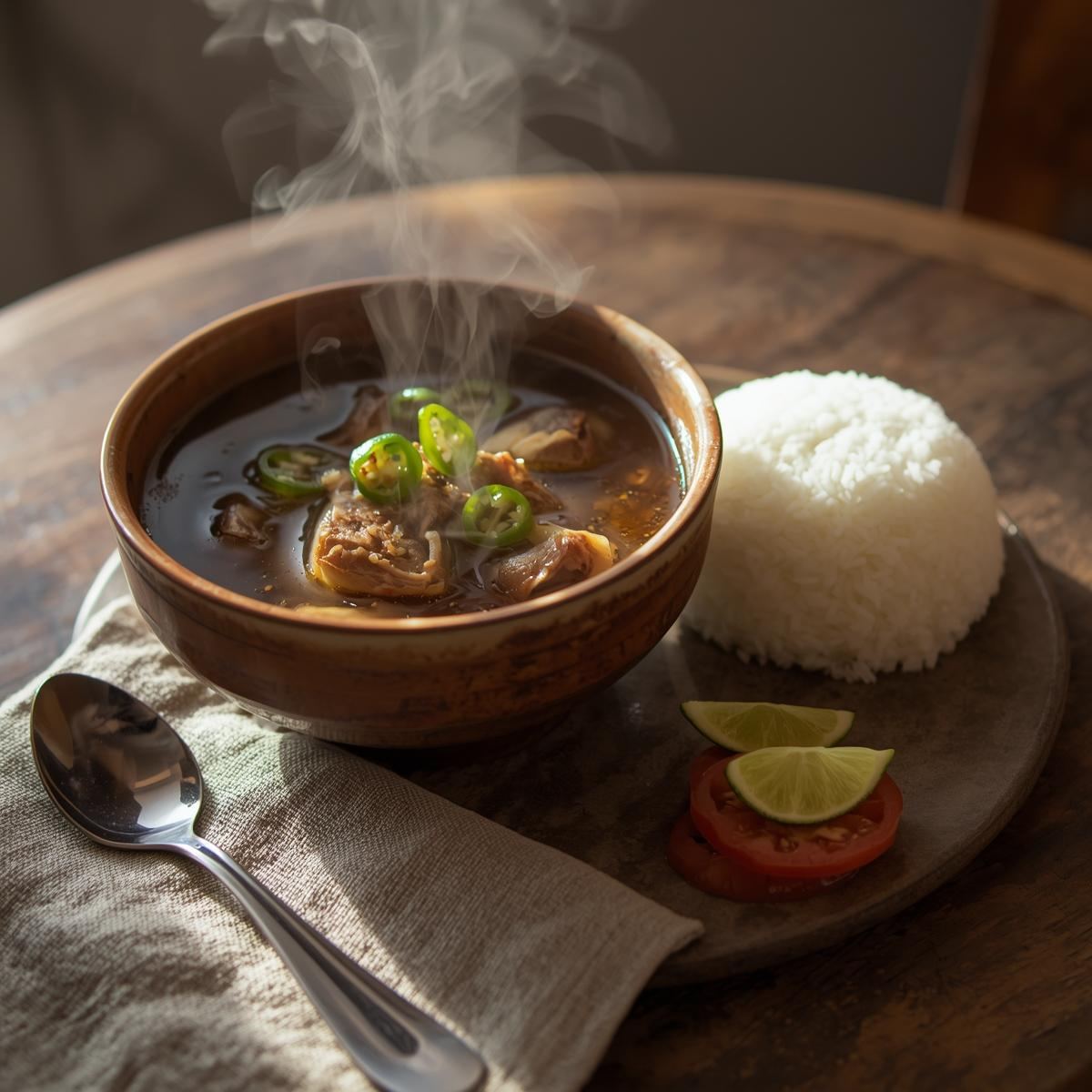 Serving bowl of pork sinigang with vegetables and tamarind broth