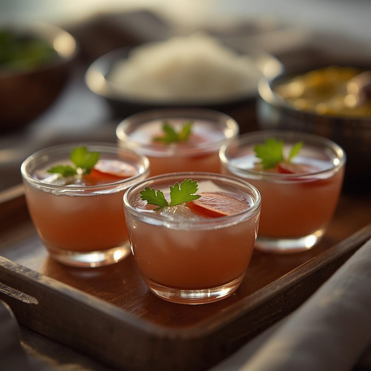 Chilled solkadhi served in small glasses with kokum, coriander, and ice cubes