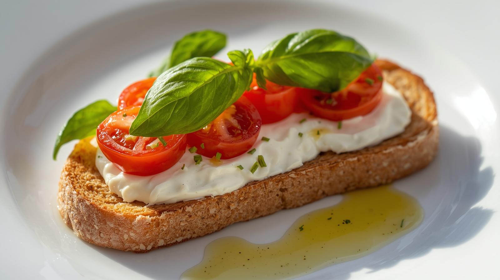 Toast with a spoon of stracciatella, cherry tomatoes, basil, and olive oil