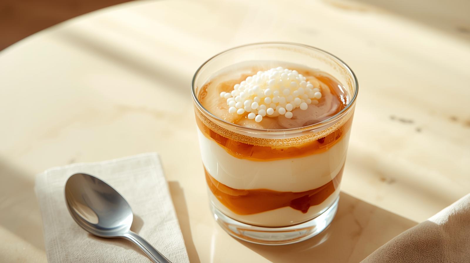 Vendor pouring steaming taho—silken tofu with arnibal syrup and sago pearls—into a clear cup