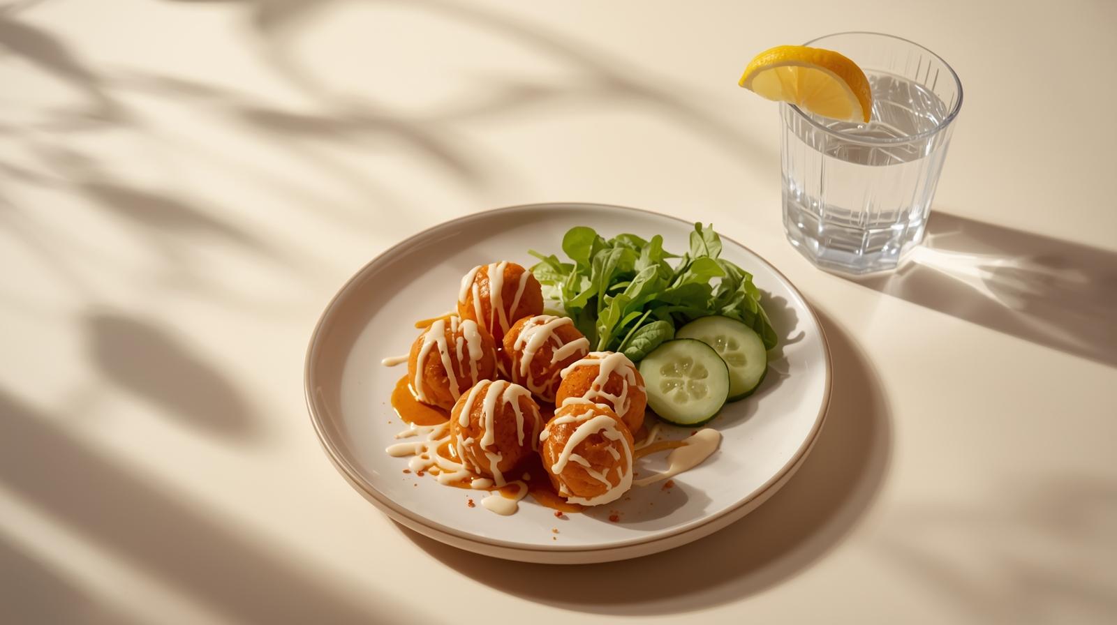 Small serving of takoyaki with side salad and lemon water on a pastel tabletop