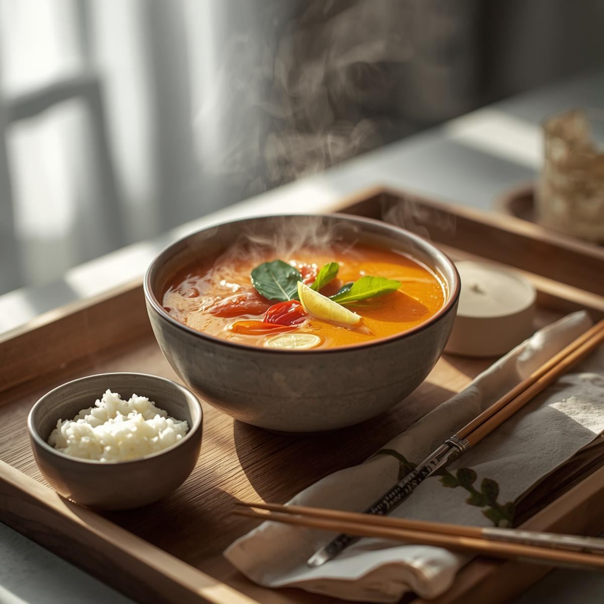 Steaming Tom Yum soup with shrimp, lime, chili, and cilantro served hot