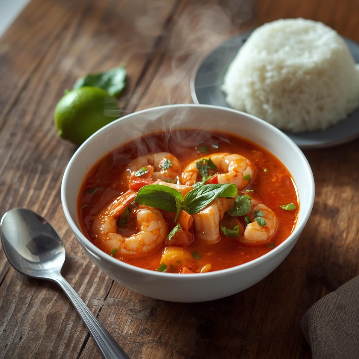 Tom yum soup served with rice and vegetables