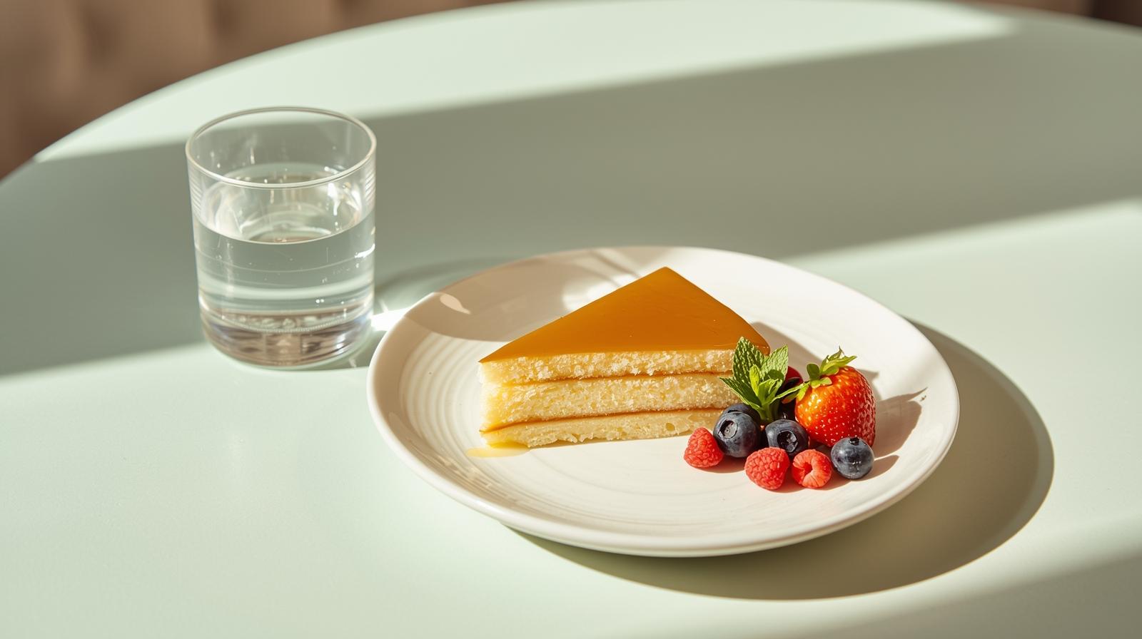 Small slice of Tres Leches cake on a plate with fresh berries and mint, glass of water nearby