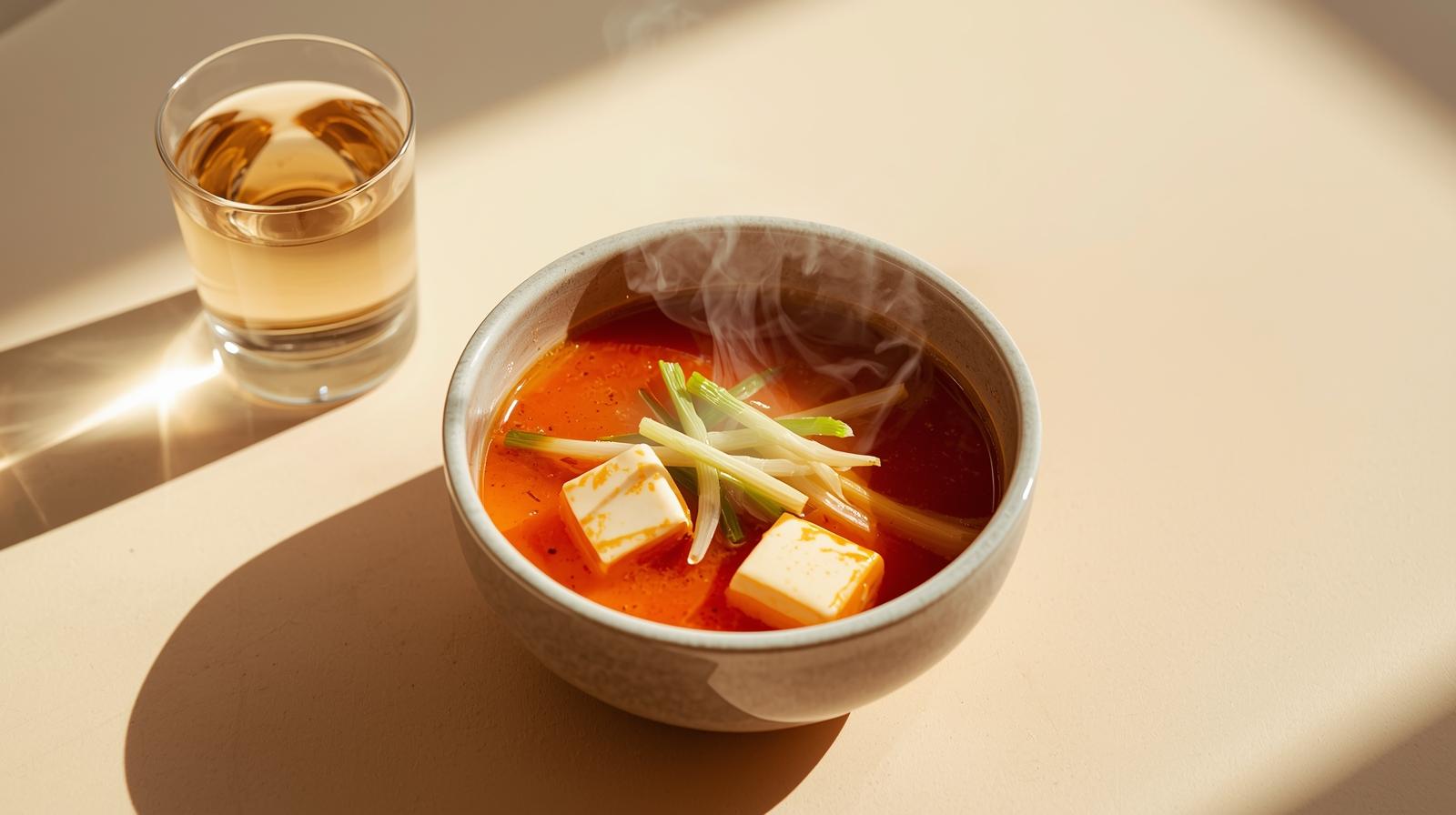 Small bowl of tteokbokki with tofu and greens on a pastel tabletop with lemon water