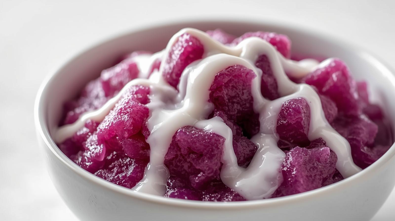 Vibrant purple ube halaya served in a glass bowl with coconut milk drizzle