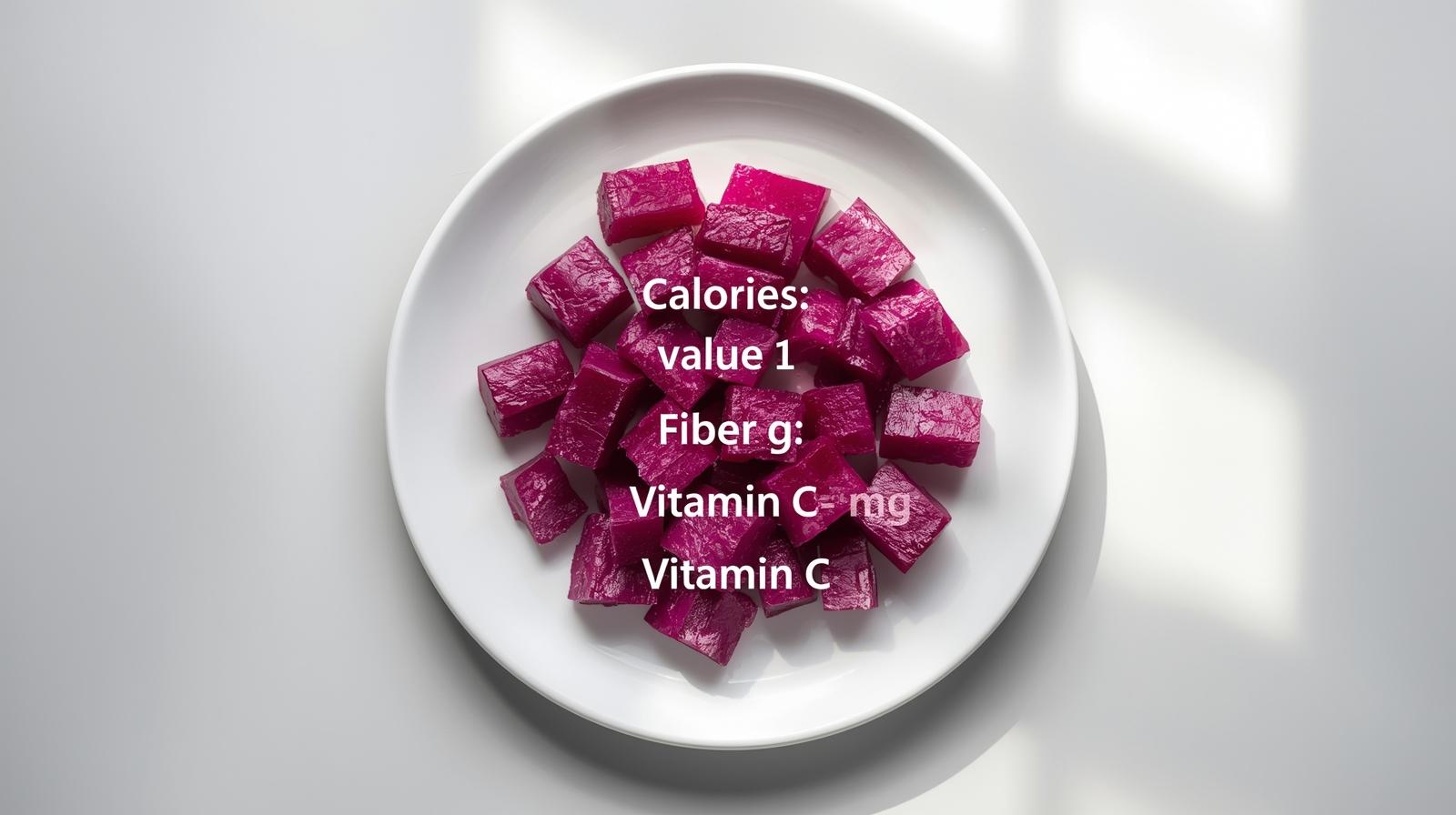 Boiled ube cubes on a plate showing vibrant purple flesh with nutrition facts overlay
