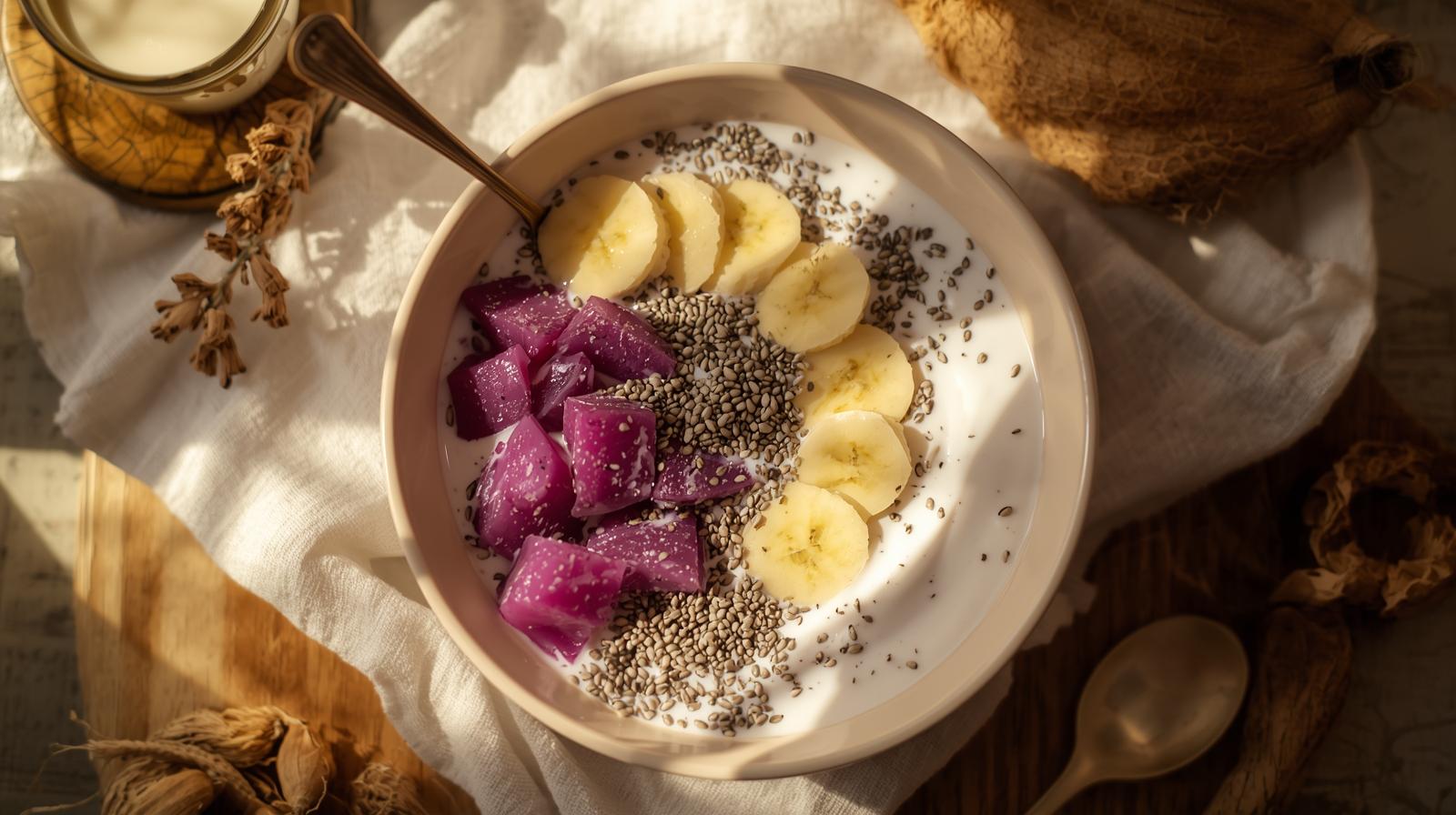 Pregnancy-safe ube breakfast bowl with steamed ube chunks, banana slices, chia, and coconut milk