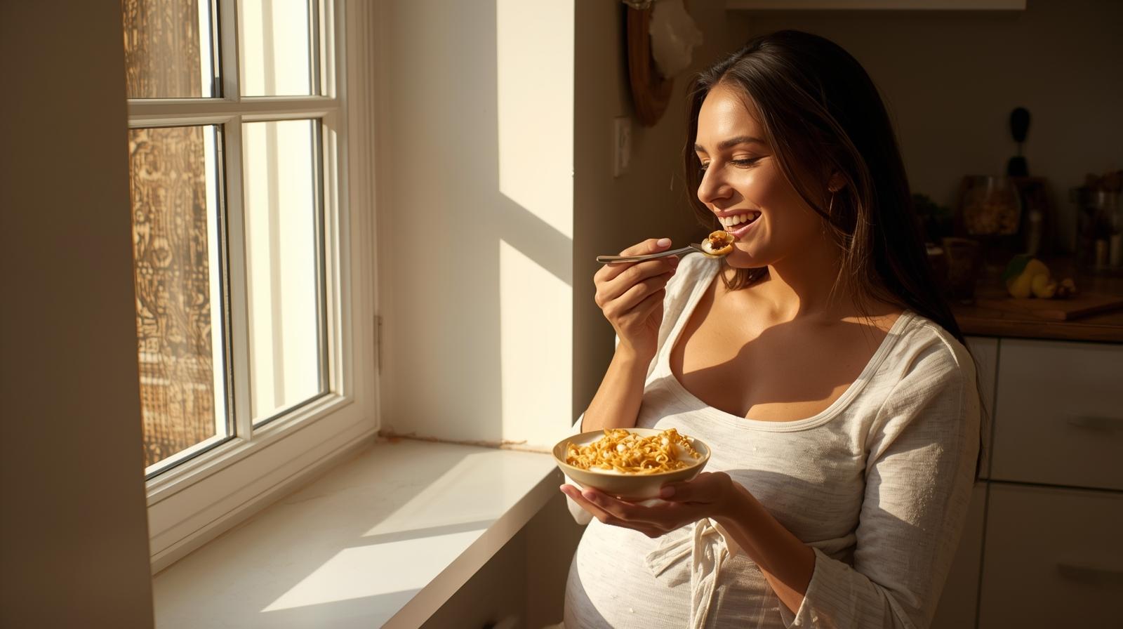 Pregnant woman enjoying a bowl of warm vermicelli kheer