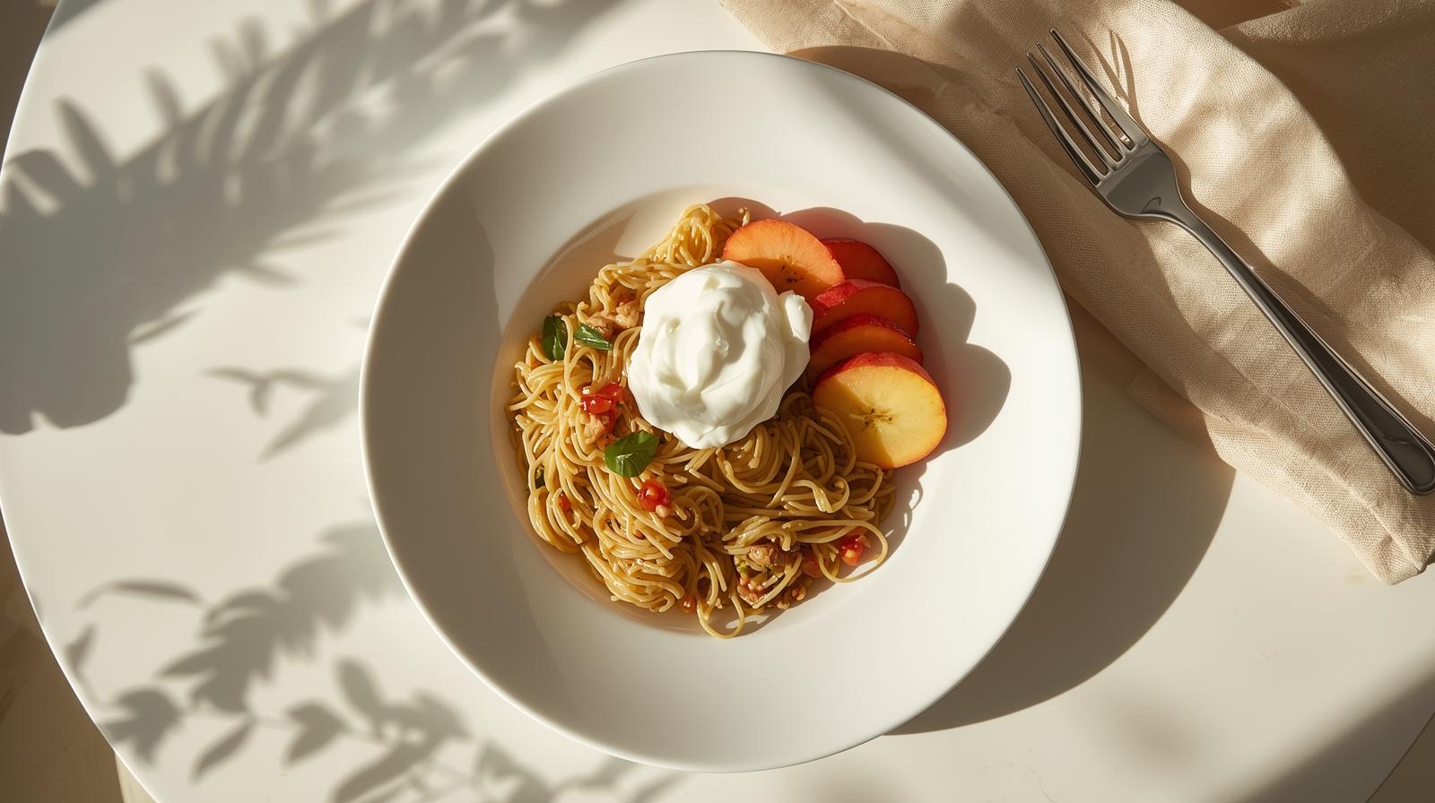 Balanced pregnancy meal with vermicelli upma, fruit, and yogurt
