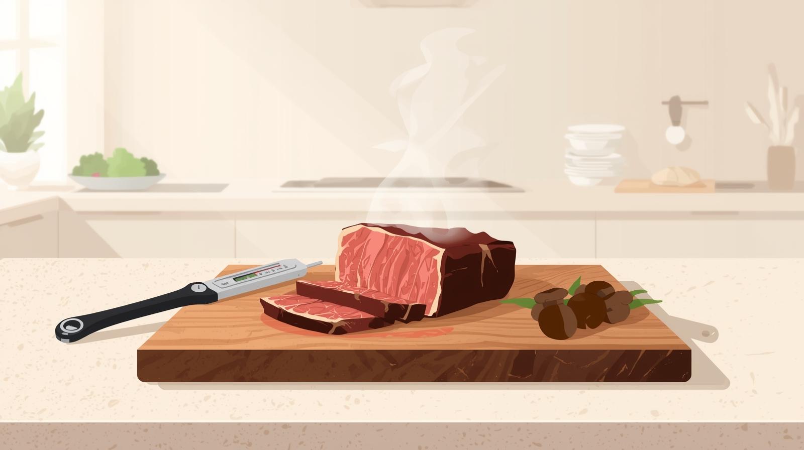 Sliced Wagyu steak with visible marbling on a wooden board, resting beside a thermometer