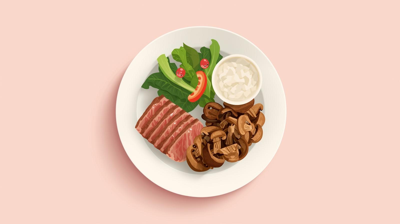 Balanced Wagyu plate with salad, mushrooms, and small rice bowl