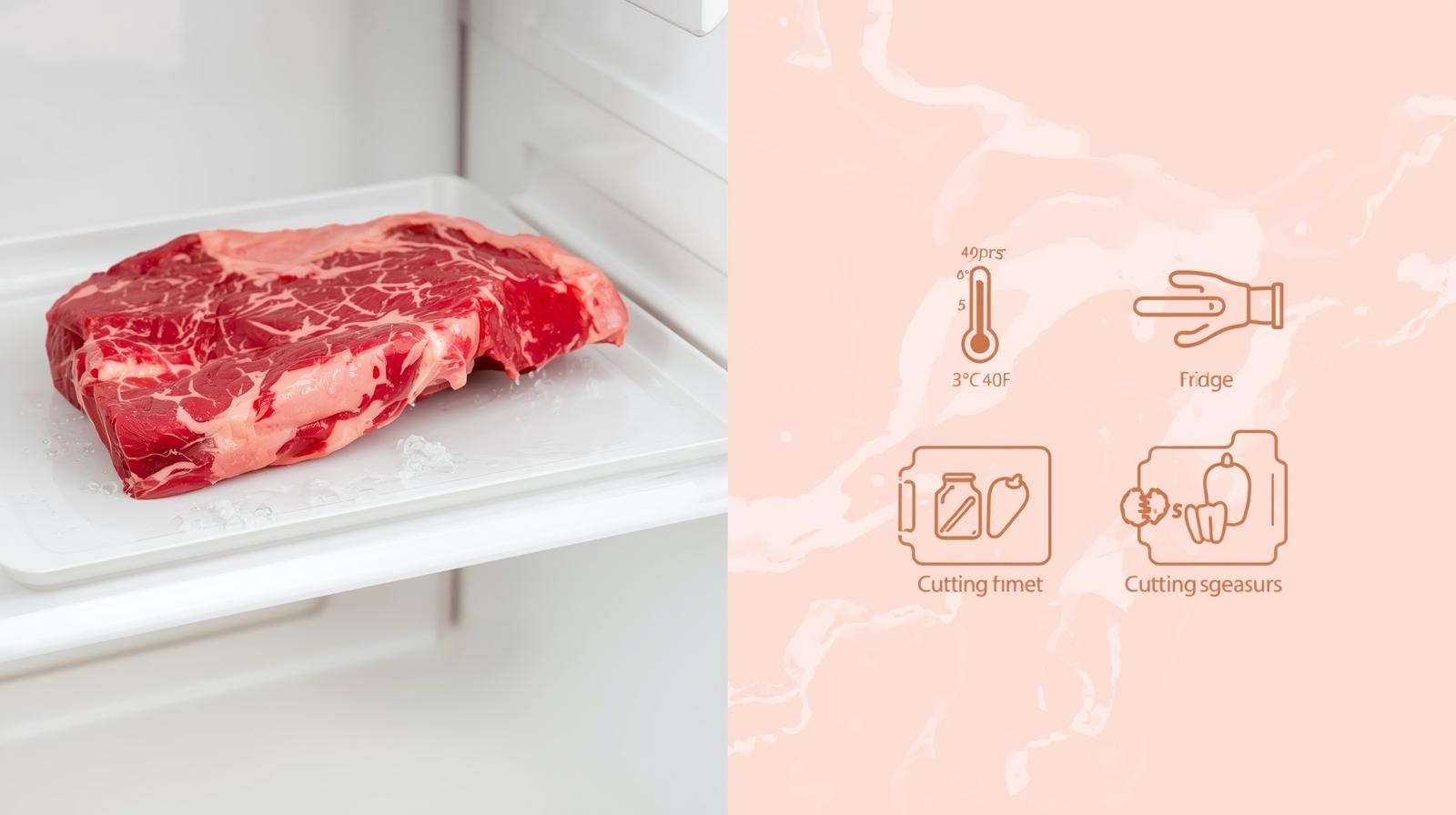 Refrigerator graphic with 4 °C, raw beef on bottom shelf, clean board/knife icons