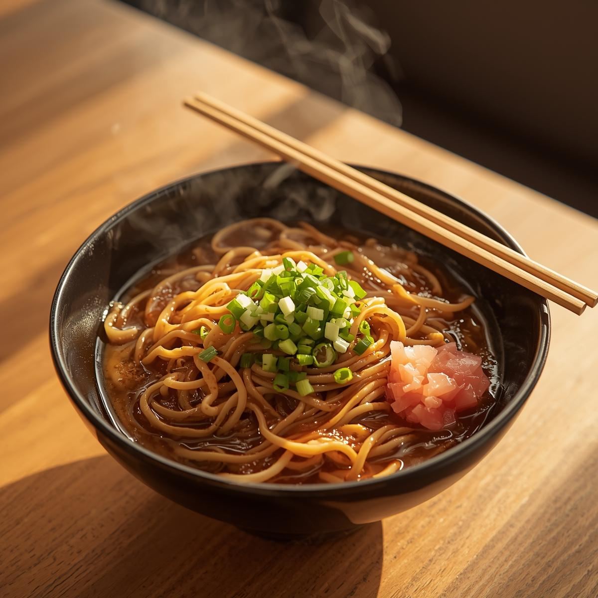 Bowl of yakisoba noodles topped with pickled ginger and sesame seeds