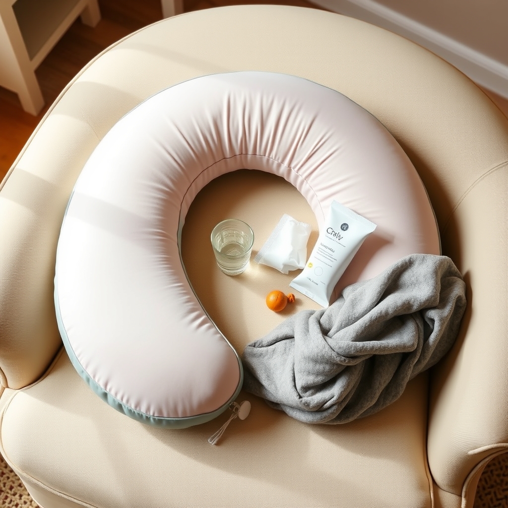 Calm breastfeeding support essentials — a nursing pillow, a glass of water, nipple balm and muslins on a soft armchair.