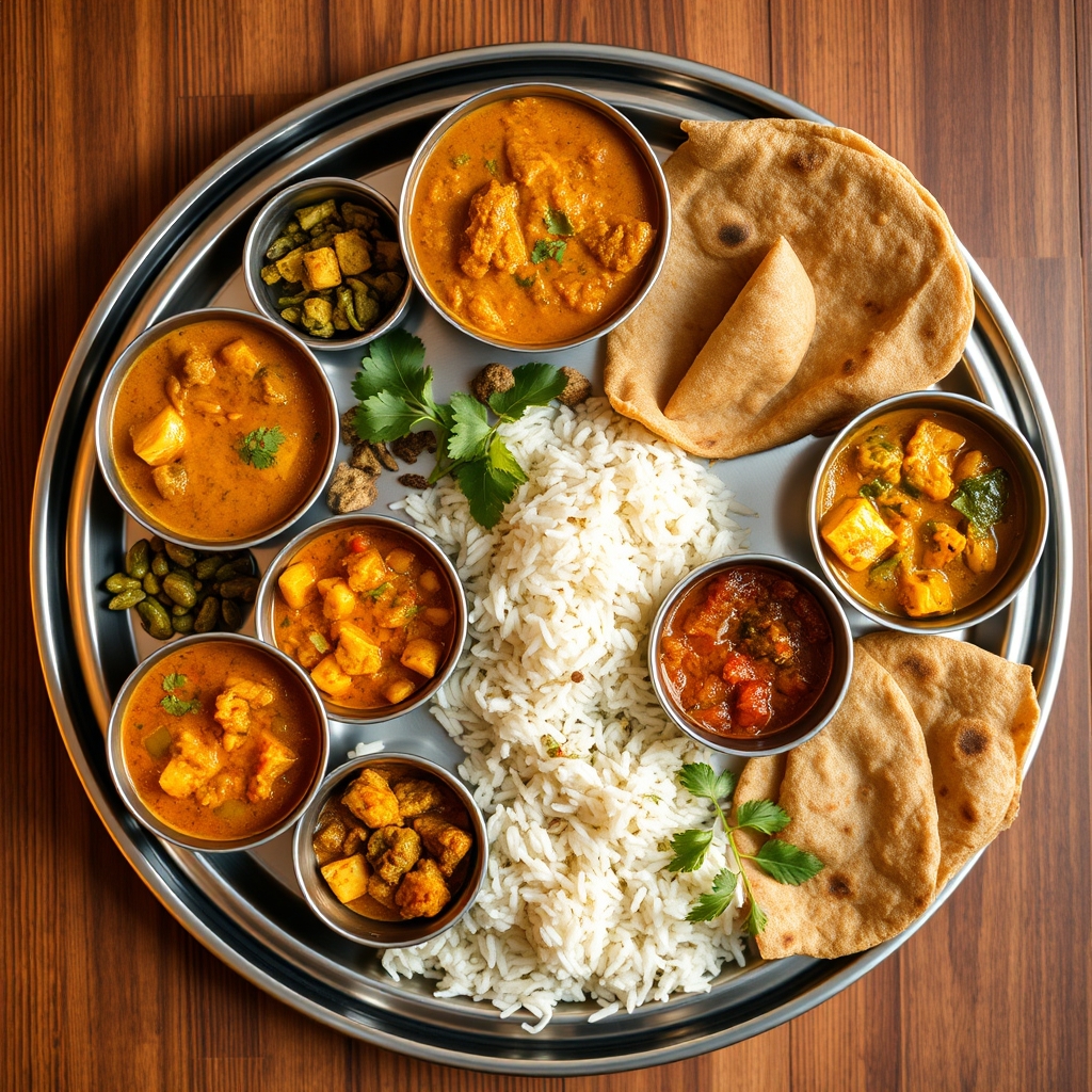 Pregnant South Asian woman with a thali plate of dal, rice, sabzi, dahi + roti — warm natural lighting.