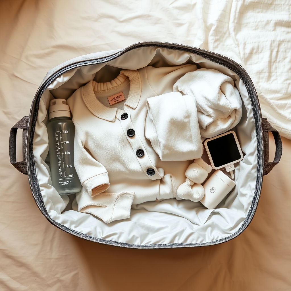 A packed hospital bag with baby essentials, a muslin and tiny socks ready by the door for the birth.