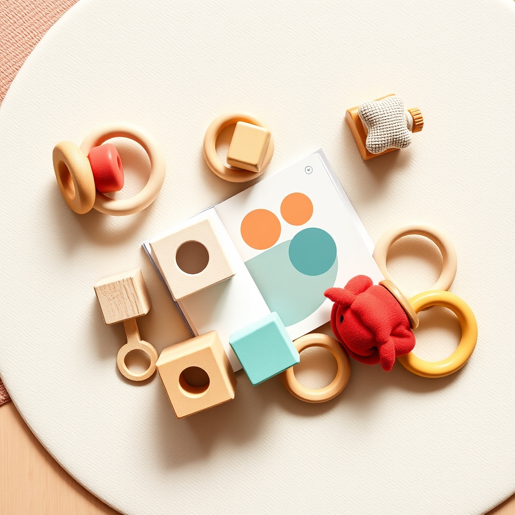 Developmental play items for a baby's first year — wooden stacking rings, soft blocks and a board book on a play mat.
