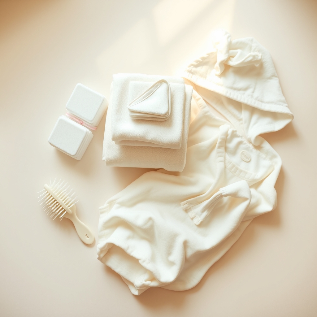 Newborn care essentials neatly arranged — nappies, cotton wool, a soft towel, a baby brush and a folded white babygrow.
