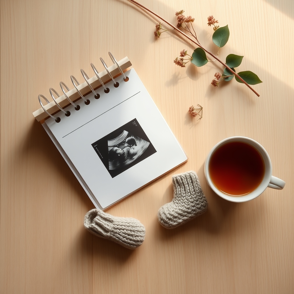 A pregnancy week-by-week journey — a calendar, ultrasound photo and a soft knitted baby blanket on a warm wooden surface.